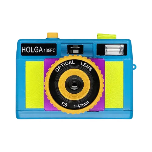 Holga 135FC toy camera in blue, yellow, and purple with a built-in flash and 47mm optical lens on a white background.