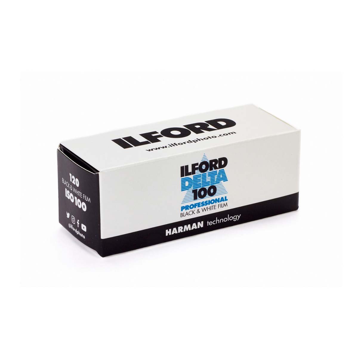 Ilford Delta 100 Black & White Film box, 120 roll pack, featuring the Ilford logo and 'Harman technology' branding on a clean white background.