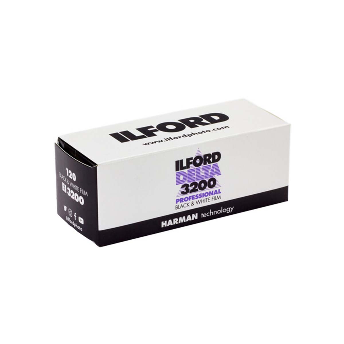Ilford Delta 3200 Professional Black & White Film roll box, size 120, featuring Ilford and Harman technology branding on a white and black box.