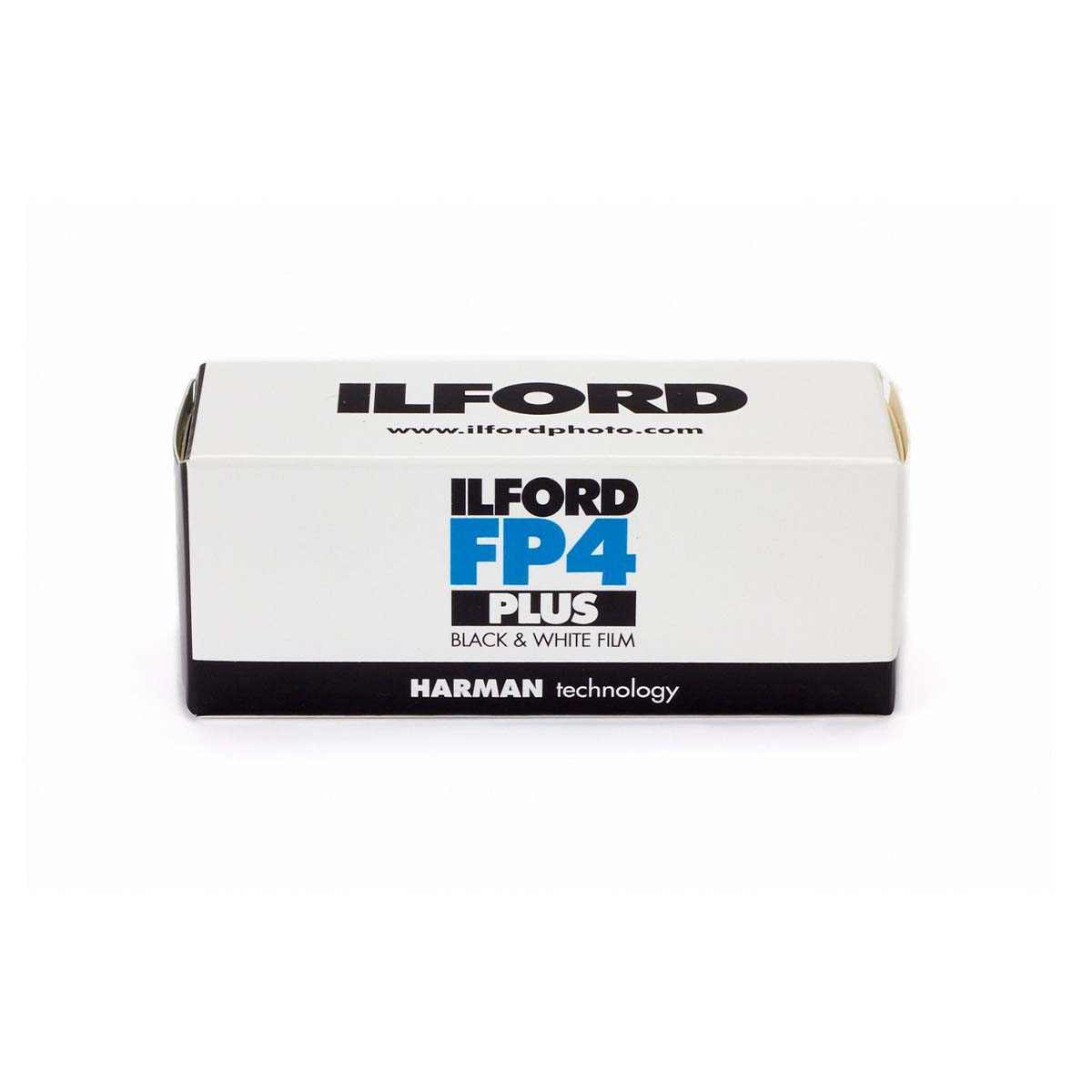 Ilford FP4 Plus Black & White Film box packaging, featuring a white box with black and blue branding, on a clean white background.