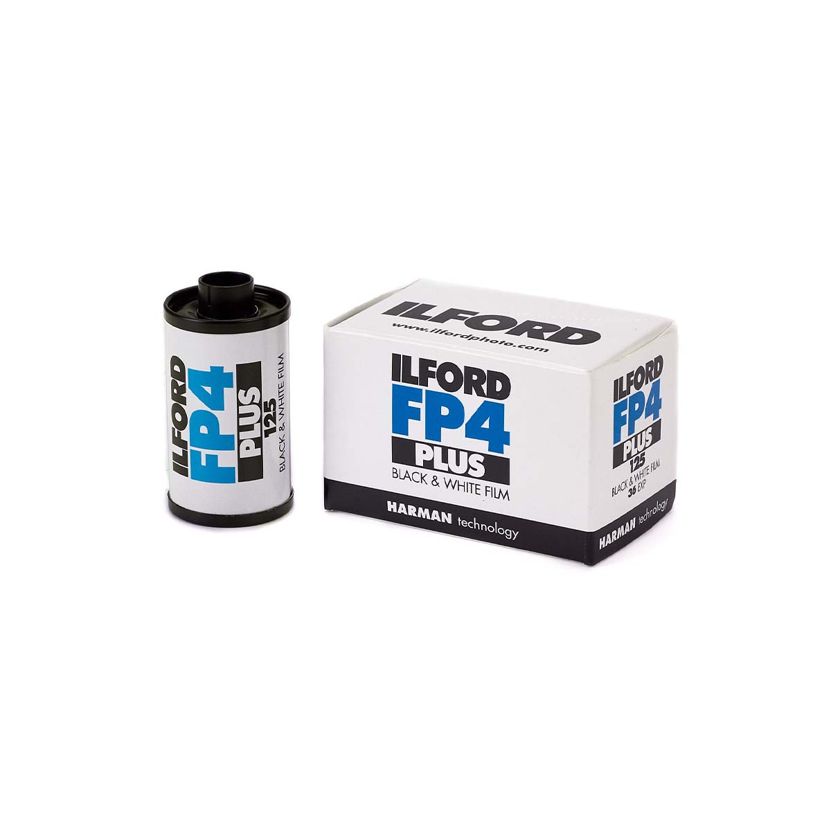 An Ilford FP4 Plus black and white film canister standing next to its white retail box on a clean white background.