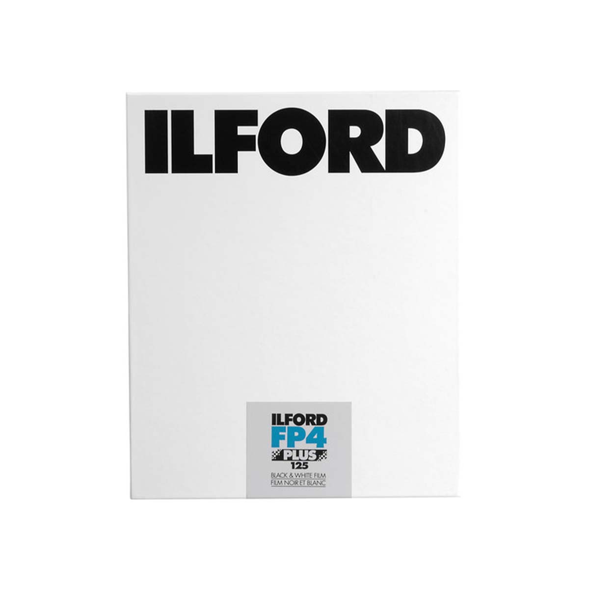 A white rectangular Ilford FP4 black and white photography paper pack, featuring the black ILFORD logo at the top and a gray label at the bottom right.