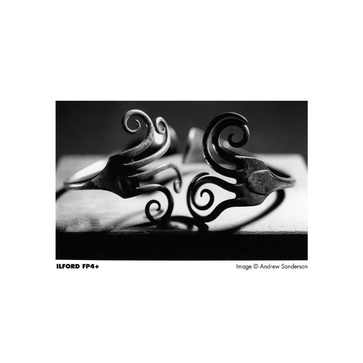 Black and white photograph of two ornate metal rings with curled scrollwork details, displayed on a dark surface against a dark background. The photo is presented with a white border containing the text 'ILFORD FP4+' and 'Image © Andrew Sanderson'.