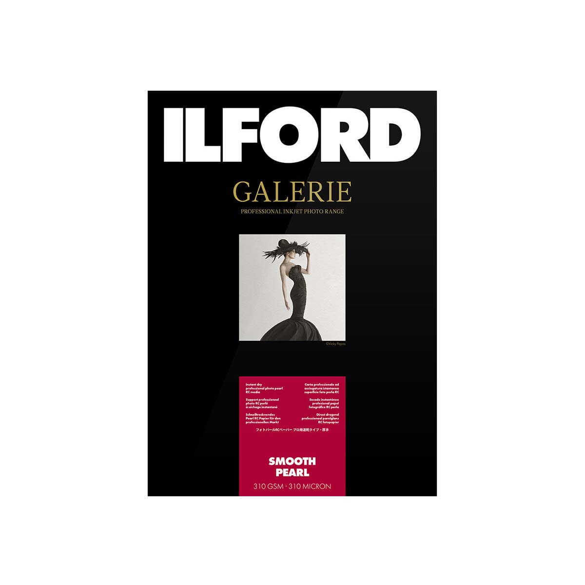 A vertical product card for Ilford Galerie Smooth Pearl photographic paper, featuring a black background with white and gold branding, a small central portrait photo, and a magenta information panel at the bottom.