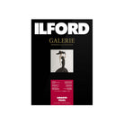 A vertical product card for Ilford Galerie Smooth Pearl photographic paper, featuring a black background with white and gold branding, a small central portrait photo, and a magenta information panel at the bottom.