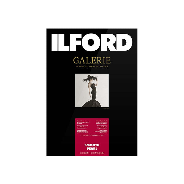 A vertical product card for Ilford Galerie Smooth Pearl photographic paper, featuring a black background with white and gold branding, a small central portrait photo, and a magenta information panel at the bottom.
