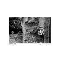 Black and white photograph print featuring a close-up of a stone church wall with a carved face gargoyle, with gravestones and trees in the background. Text at the bottom reads 'ILFORD HPS+' and 'Image © Andrew Sanderson'.