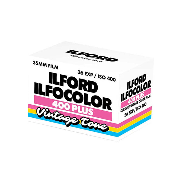 A box of Ilford Ilfocolor 400 Plus Vintage Tone 35mm film, featuring a white packaging design with bold black text and pink, yellow, and blue accent stripes.