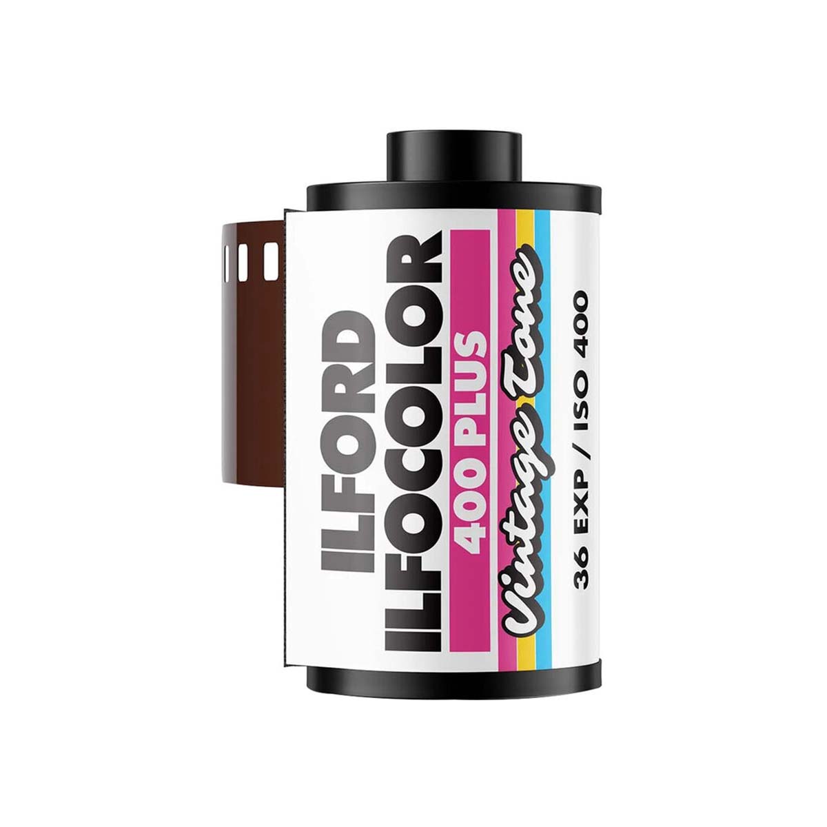 A single roll of Ilford Ilfocolor 400 Plus film shown on a plain white background. The film has a white label with black text, a pink vertical stripe, and a thin multicolor accent line, with a brown film strip partially visible on the left.
