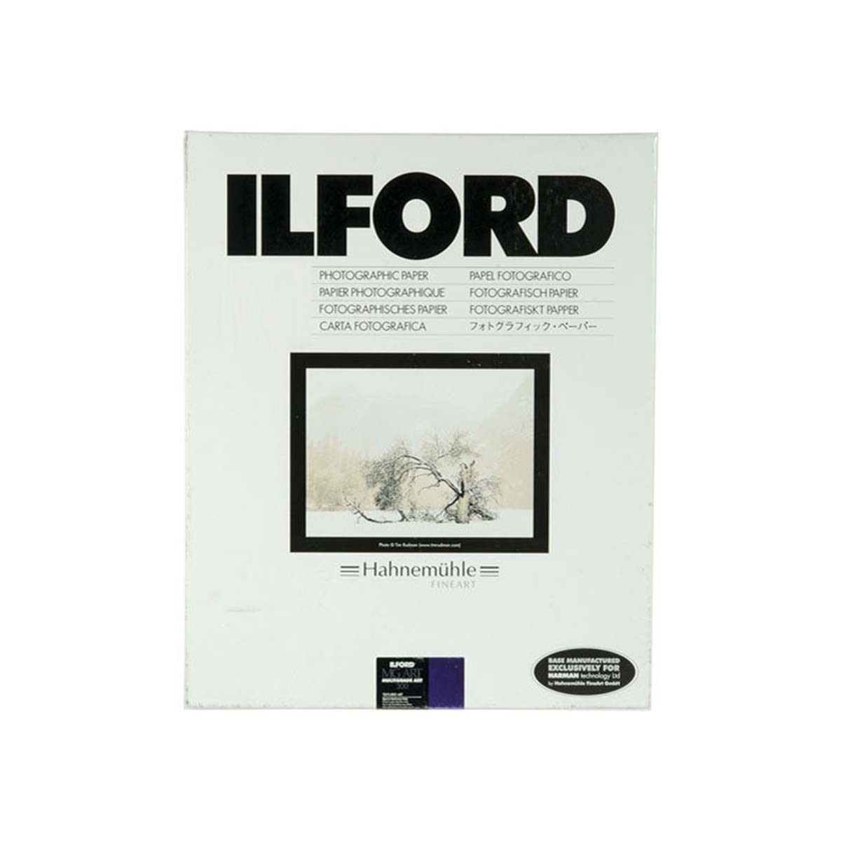 A pack of Ilford Hahnemühlé photographic paper, 240g, in a white envelope-style packaging with black text and a small framed monochrome sample image.