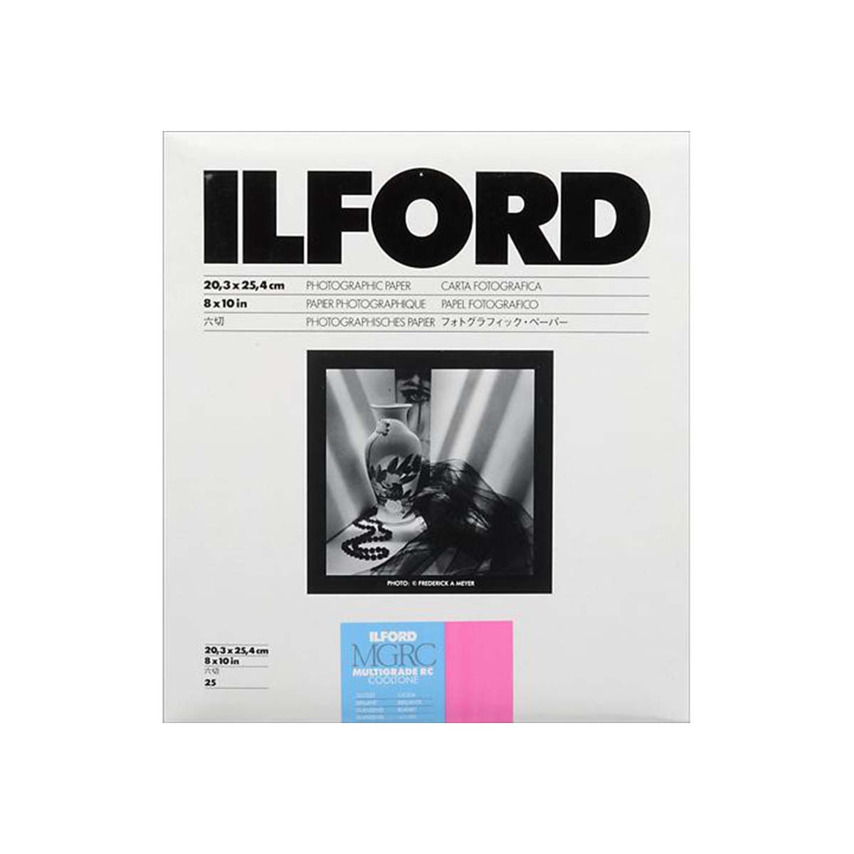 An Ilford Megapack photographic paper pack, size 24, featuring a white box with black text and a central black-and-white sample photo, on a clean white background.