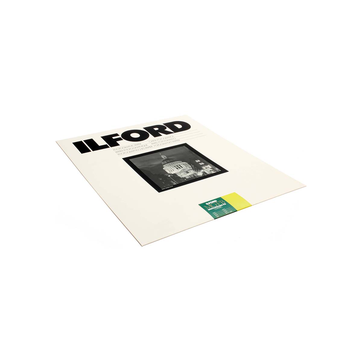 Ilford-Multigrade-FB-Classic-Matte-Variable-Contrast-Paper-1 photographic image in the center and a small green and yellow label near the bottom right, shown on a plain white background.