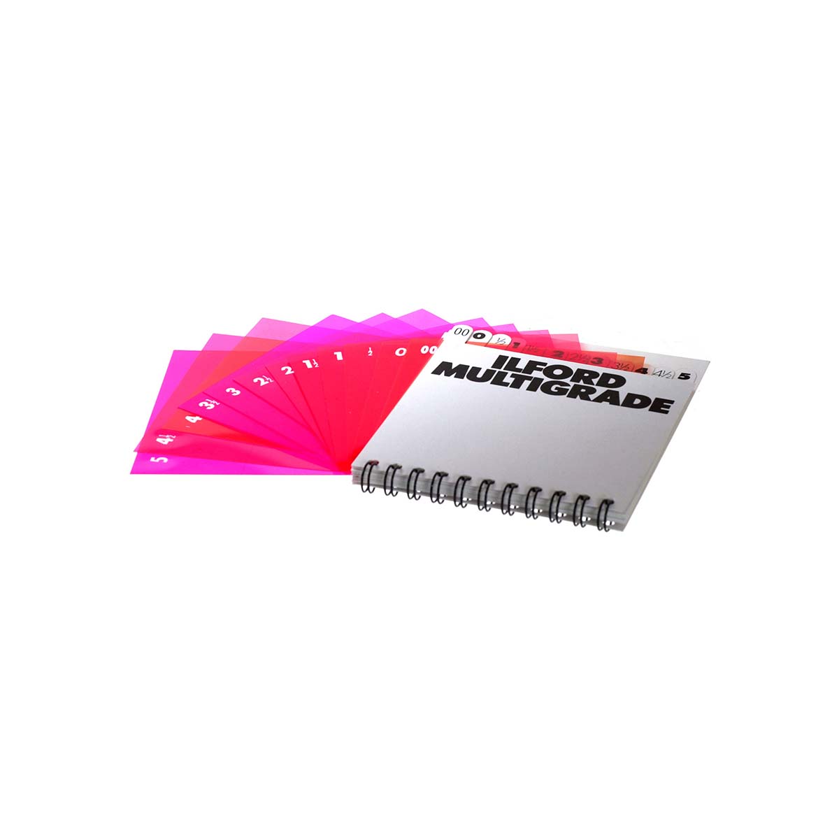 A spiral-bound notebook titled 'ILFORD MULTIGRADE' fanned out to show multiple colored pages in pink, on a plain white background.