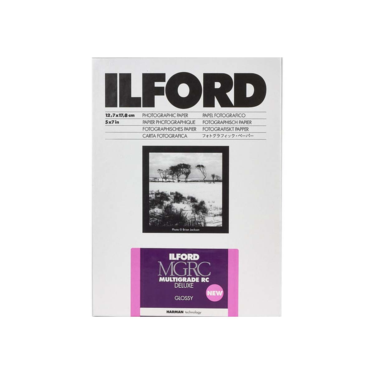 A pack of Ilford MGRC Multigrade RC Deluxe glossy photographic paper, 12.7 cm by 15.7 cm, shown on a clean white background.