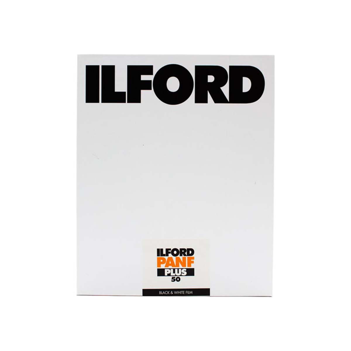 A pack of Ilford Panf Plus 50 black and white film negatives, shown in its white cardboard packaging with the large black ILFORD logo at the top and a small label at the bottom.