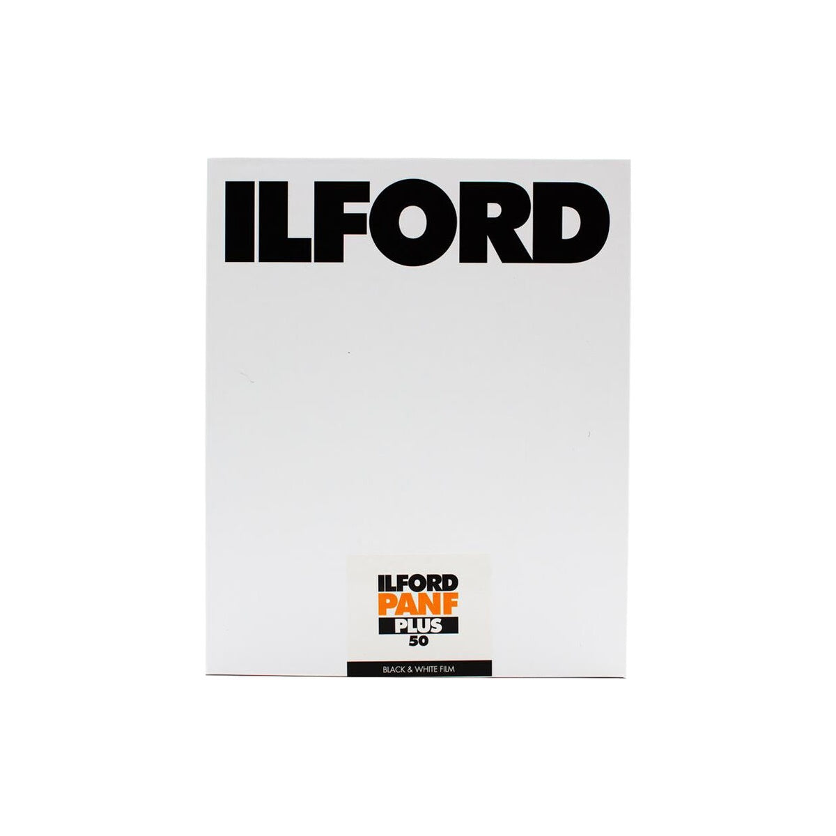 A white Ilford Panf Plus 50 Back and White film canister with bold black 'ILFORD' branding at the top and a smaller orange and black label near the bottom, shown on a plain white background.
