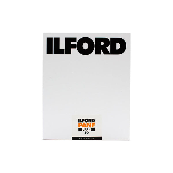 A white Ilford Panf Plus 50 Back and White film canister with bold black 'ILFORD' branding at the top and a smaller orange and black label near the bottom, shown on a plain white background.