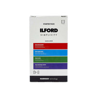 Ilford Simplicity Starter Pack film developer, stop bath, fixer, and wetting agent box on a white background.