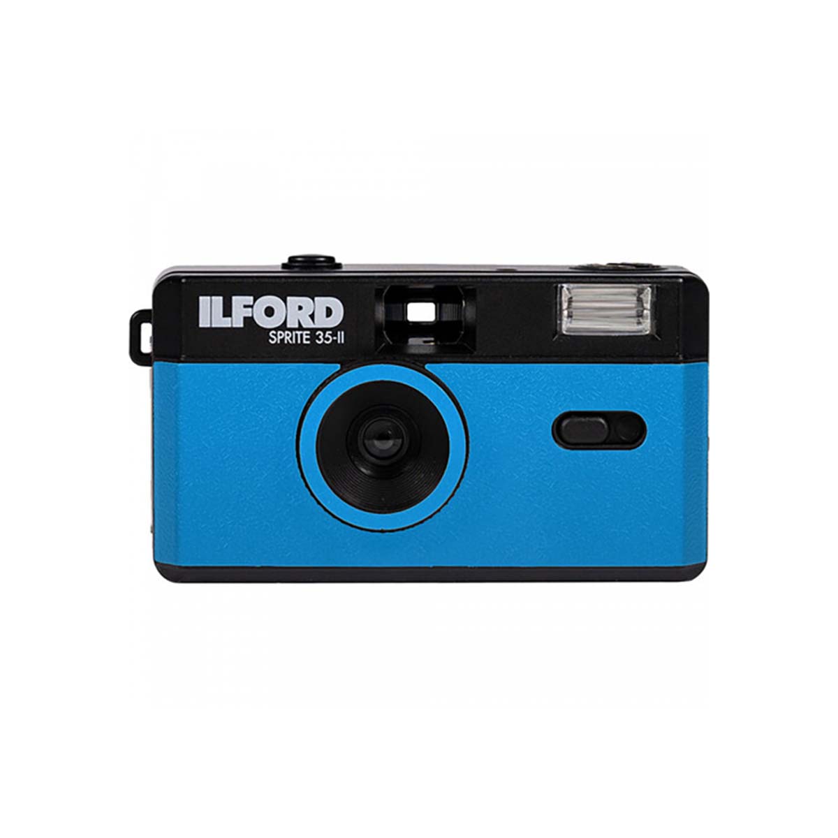 A vintage Ilford Sponte 35-II disposable camera in a vibrant blue and black color scheme, shown against a plain white background.