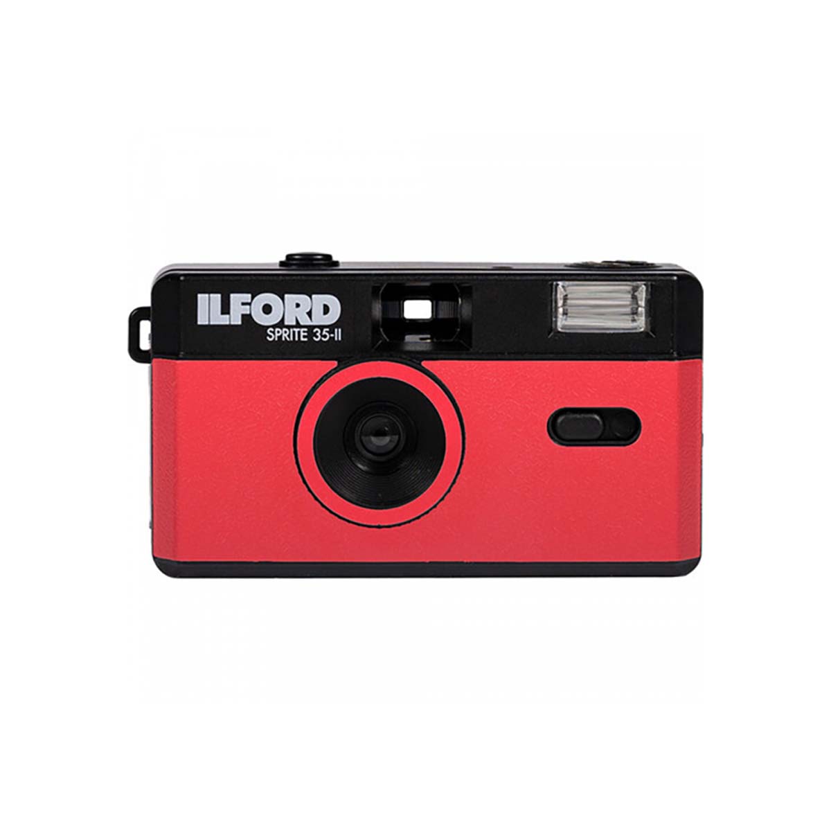 A red and black Ilford Sprite 35-II disposable camera shown from the front on a plain white background.