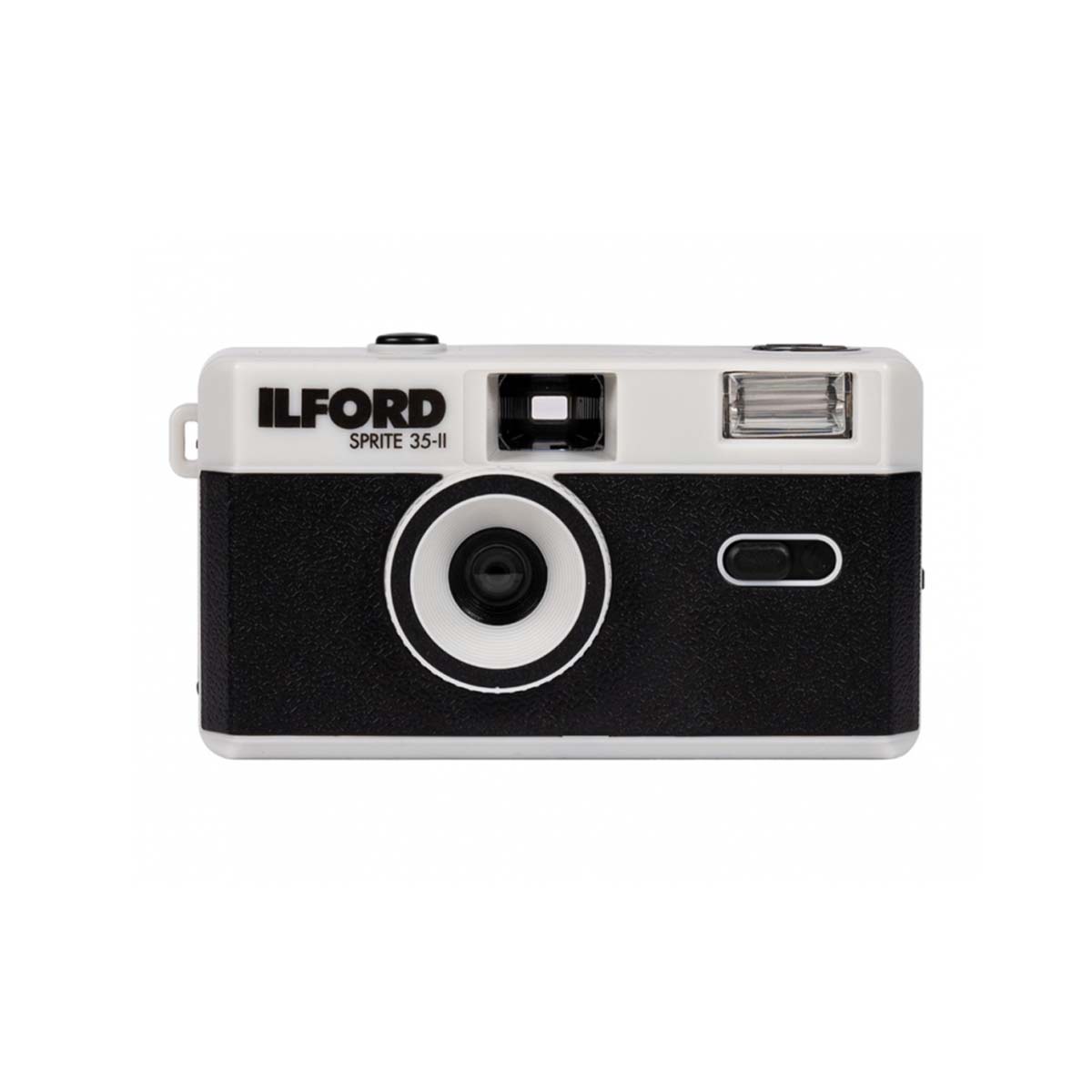 An Ilford Sprite 35-II disposable camera with a black and white color scheme, shown from the front against a plain white background.