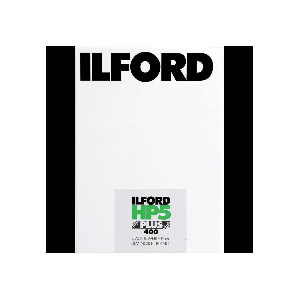 Ilford HP5 Plus 400 black and white film pack, showing the white pack with black side borders and the Ilford logo.