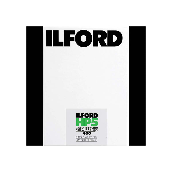 Ilford HP5 Plus 400 black and white film pack, showing the white pack with black side borders and the Ilford logo.