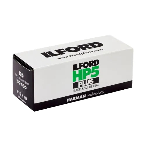 Ilford HP5 Plus black and white film packaging on a white background
