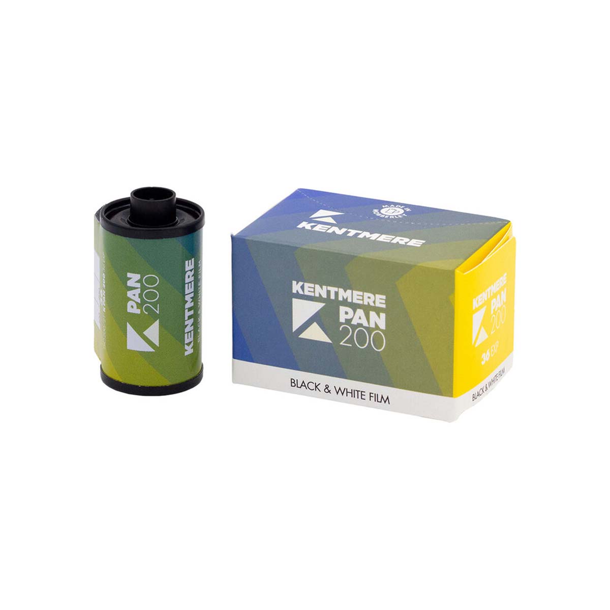 Kentmere PAN 200 35mm black and white film canister and its blue, yellow, and white cardboard packaging box.