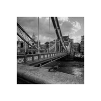 Black and white photo of a bridge with a bird on a ledge, cityscape in the background