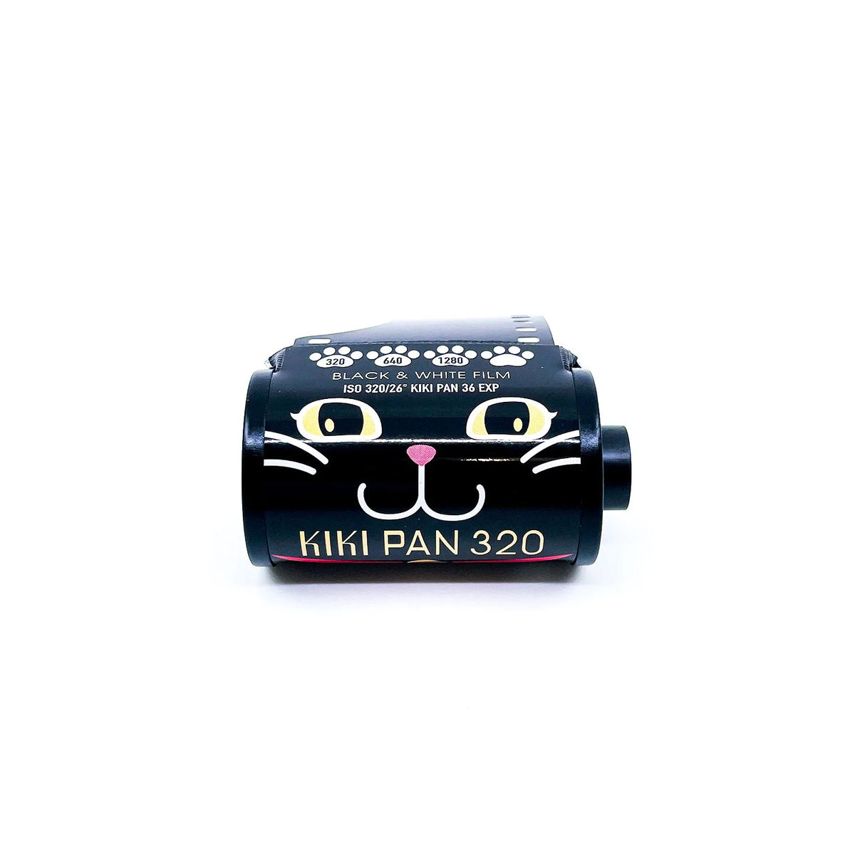 Black cat face illustration on a black 35mm film canister with KIKI PAN 320 words on a white background