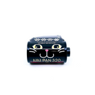 Black cat face illustration on a black 35mm film canister with KIKI PAN 320 words on a white background