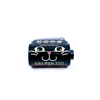 Black cat face illustration on a black 35mm film canister with KIKI PAN 320 words on a white background