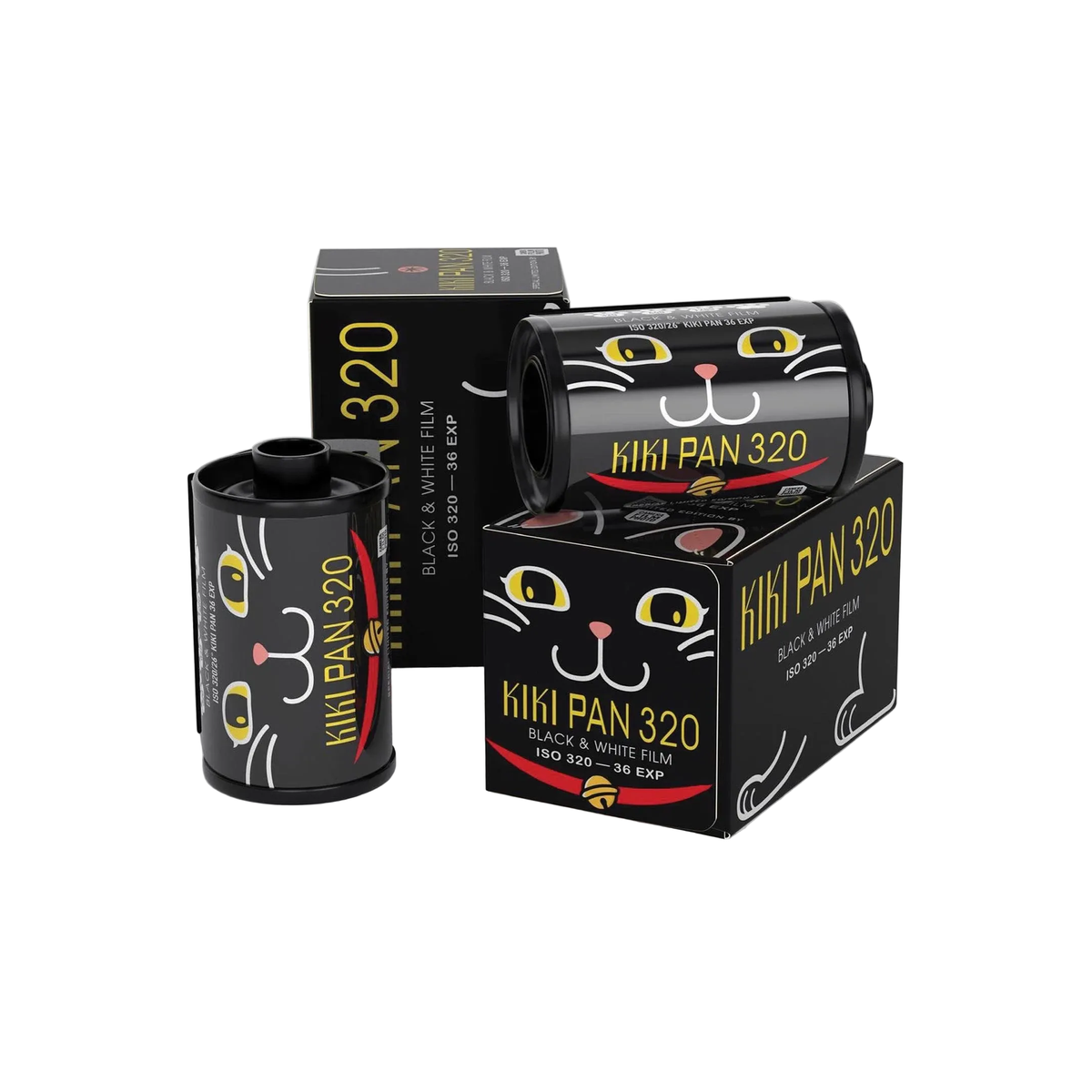 Two black film canisters and two black boxes of Kiki Pan 320 Black & White Film, decorated with a playful cartoon cat face design, on a solid white background.