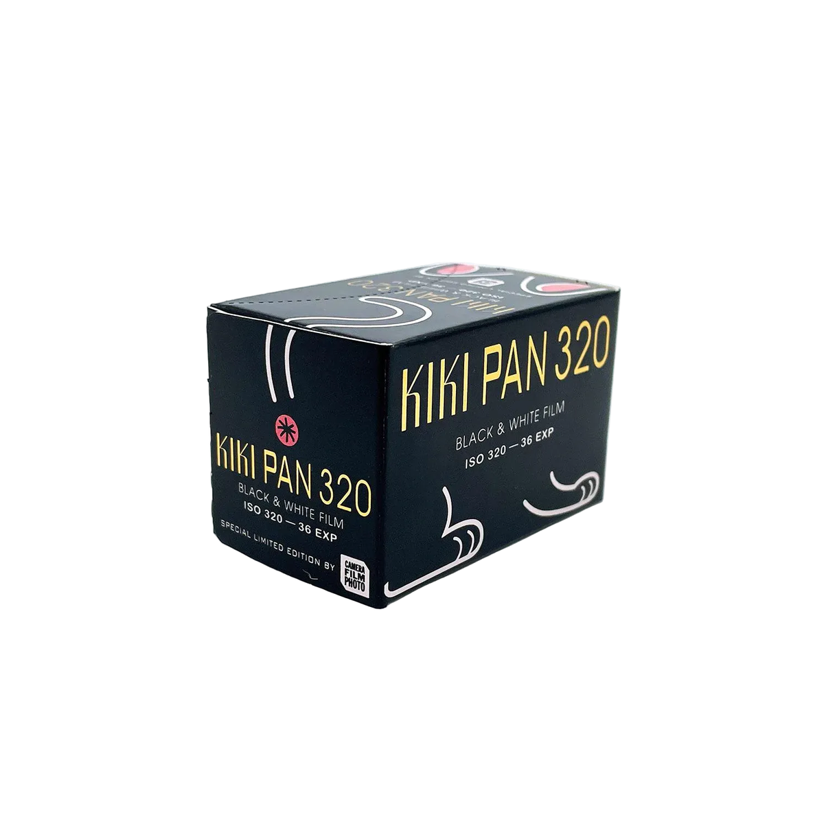 A black limited edition box of Kiki Pan 320 Black & White Film, featuring gold and white text and minimalist line art on a white background.