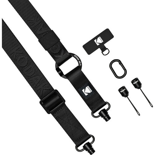 Black camera strap with accessories on a white background