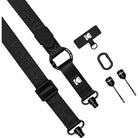 Black camera strap with accessories on a white background