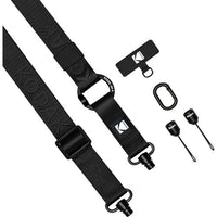 Black camera strap with accessories on a white background
