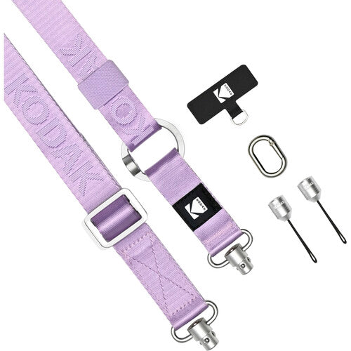 Purple camera strap with accessories on a white background