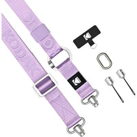 Purple camera strap with accessories on a white background