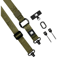 Green tactical belt with black hardware and additional accessories on a white background