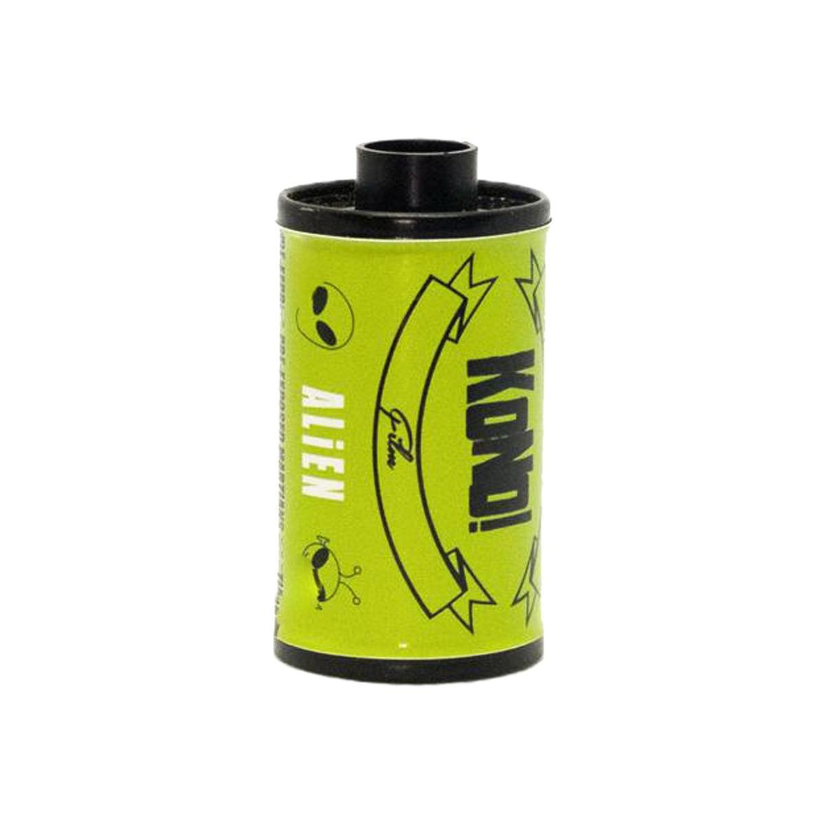 KONO! Alien 200 ISO 35mm film roll in a bright green canister with black alien graphics and bold branding.
