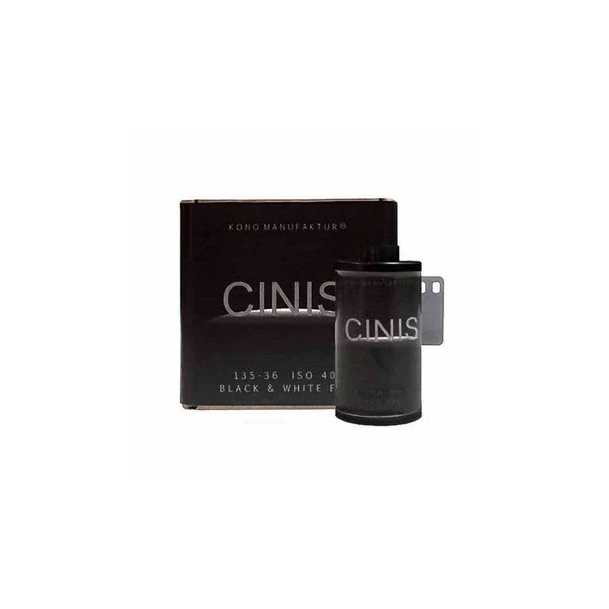 KONO! CINIS 400 ISO 35mm black and white film roll and its matching black box with silver branding.