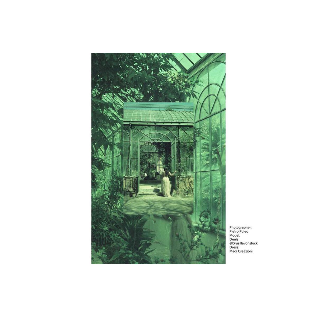 Experimental 35mm film shot showing a person in a greenhouse with a distinct green-tinted, artistic color shift.