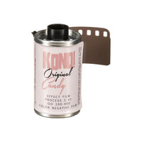 KONO! Candy 200 ISO 35mm color negative film roll with white label and pink branding text on a silver metal canister.