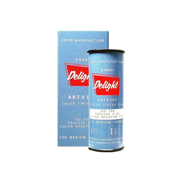 KONO! Delight Art II 100 ISO 120 color negative film roll and blue box with red logo branding.