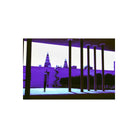 Architectural scene with strong purple and blue color shifts, featuring tall pillars and a spiral slide in bright daylight.