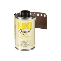 KONO! Galaxy 35mm color negative film roll with a cream label, yellow branding, and exposed brown film leader.