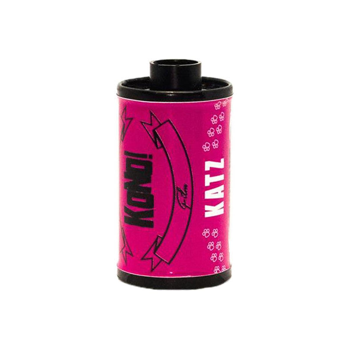 KONO! Katz 200 ISO 35mm color film roll in bright pink packaging with black paw print graphics.