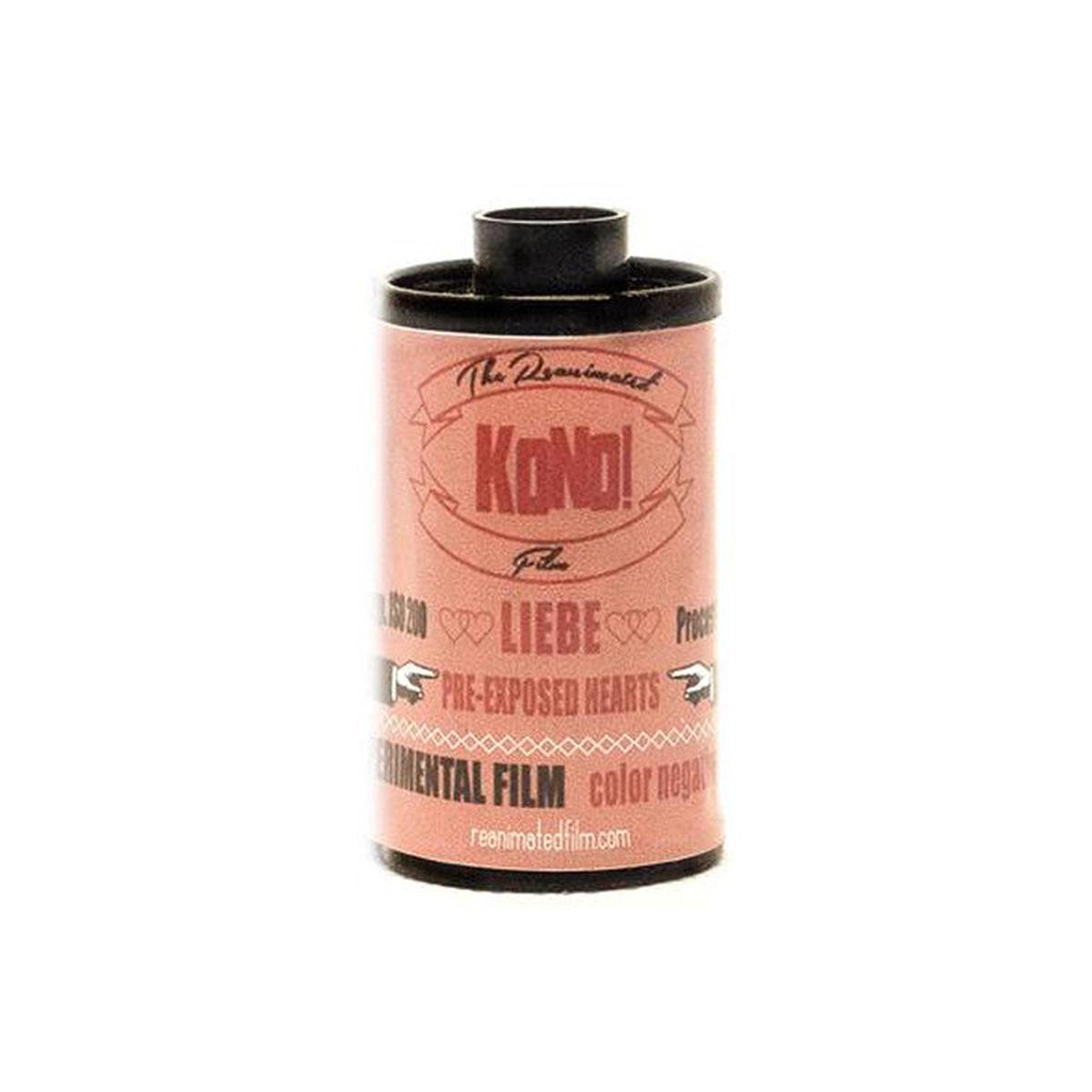 KONO! Liebe 200 ISO 35mm film roll with a pink label featuring red heart graphics and branding text.